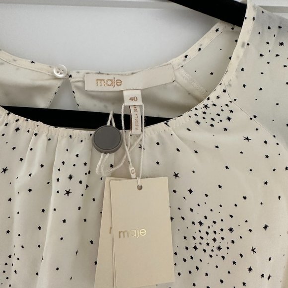 Maje Reto Asymmetric Dress Sz 40 Ecru Cupro Printed Ruffle Trim Long Sleeve - Picture 2 of 11